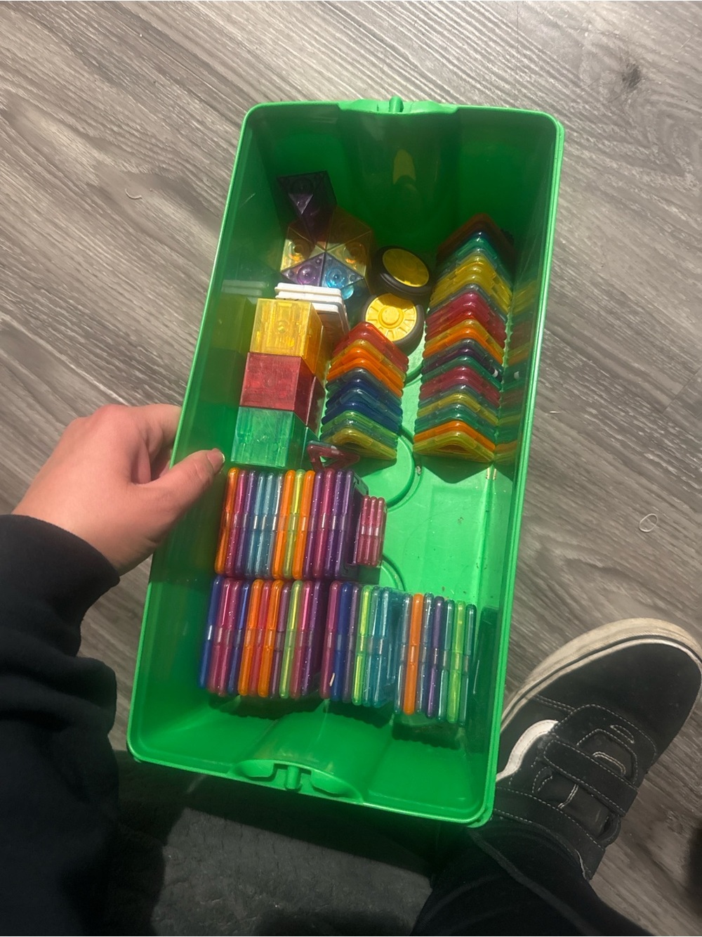 Colorful Magnetic Tiles and Shapes in Green Storage Bin with lid